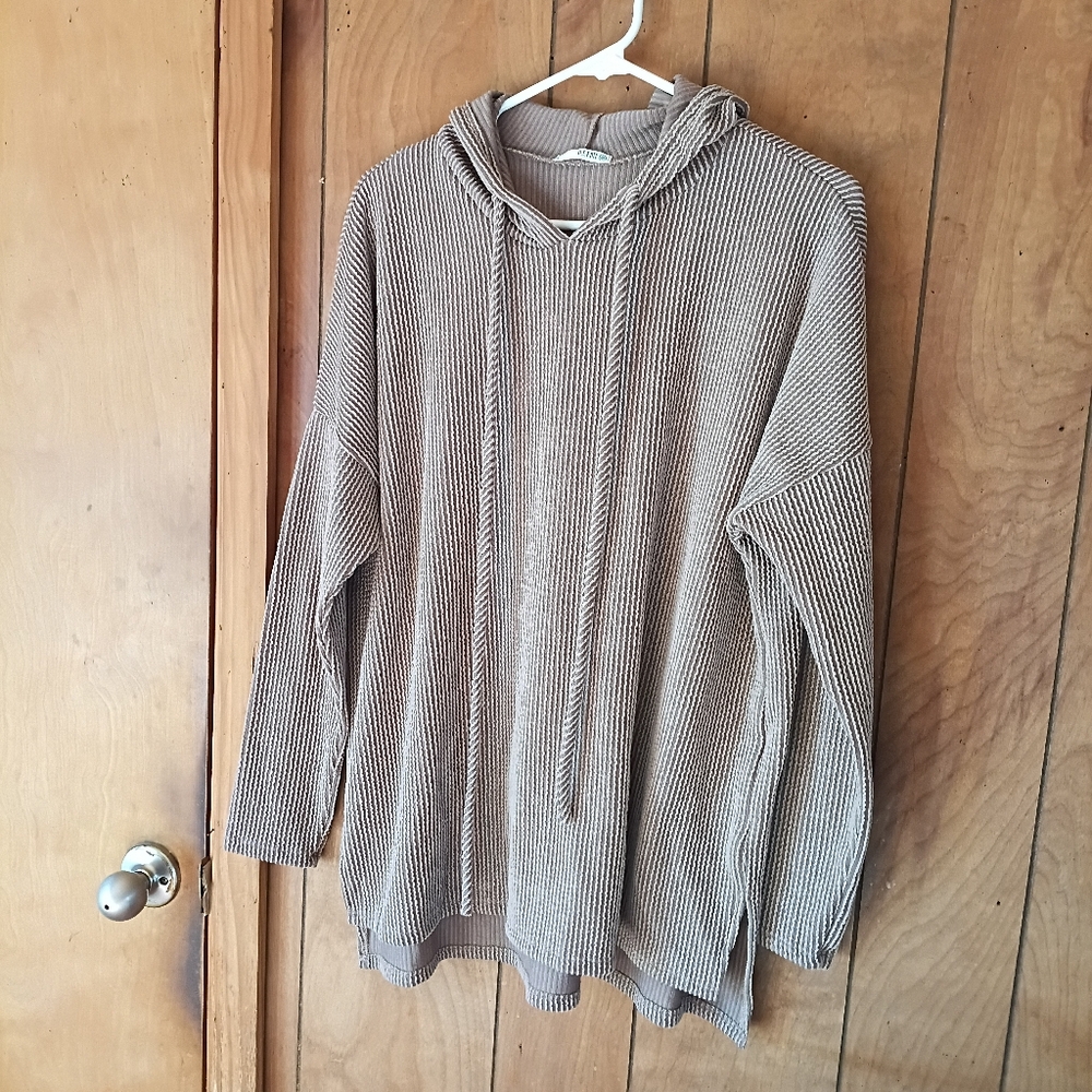 P.S. Kate Brown Hooded Pullover Top Size Large Lightweight Knit Hoodie